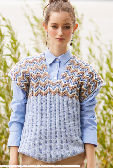 Pullunder mit Zackenpasse in Hellblau, Jeansblau, Grau, Natur, Taupe und Kamelbraun