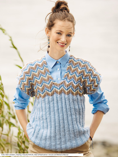 Pullunder mit Zackenpasse in Hellblau, Jeansblau, Grau, Natur, Taupe und Kamelbraun