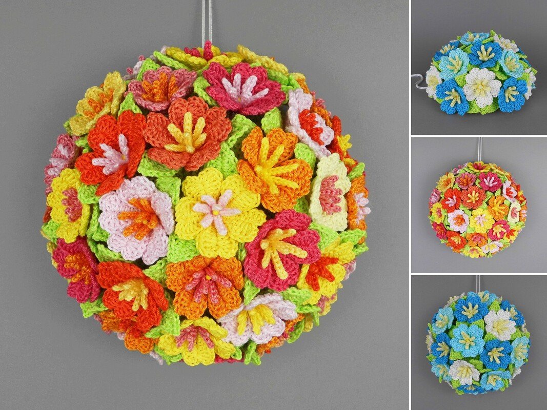 Round hanging crochet wreath of small multicolored flowers on a gray background, with smaller views showing blue-and-white and alternate color versions