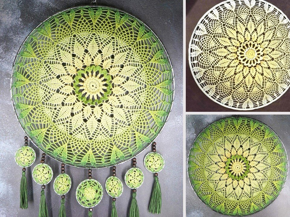 Rundes gehäkeltes Mandala in Gelb-Grün auf Metallring mit sechs gehäkelten Anhängern und grünen Quasten