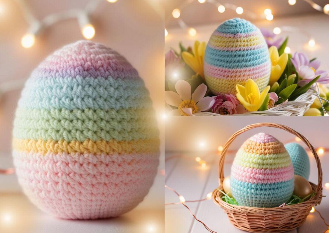 Korb mit gehäkelten Pastell-Ostereiern und Frühlingsblumen