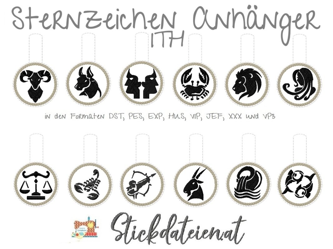 ITH Stickdatei Schlüsselanhänger, digitale Stickdatei Sternzeichen