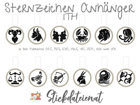 ITH Stickdatei Schlüsselanhänger, digitale Stickdatei Sternzeichen