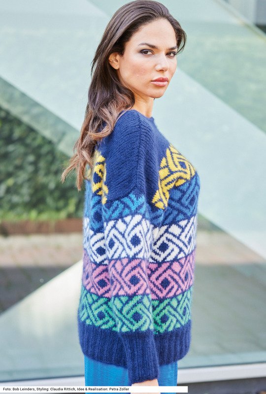 Pullover mit Jacquardmuster in Blau, Gelb, Pink, Weiß und Grün - Knitting