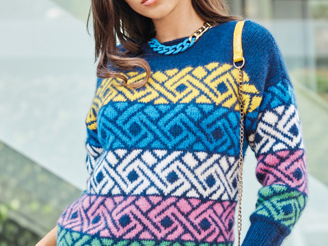 Pullover mit Jacquardmuster in Blau, Gelb, Pink, Weiß und Grün