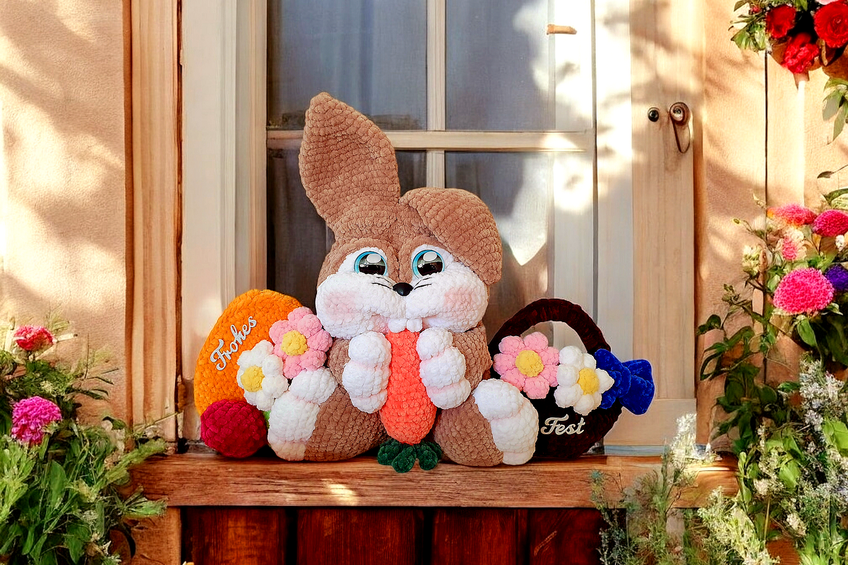 Gehäkelter Osterhase mit Karotte, einem orangefarbenen Ei und einem braunen Körbchen als Frühlingsdeko auf der Fensterbank.