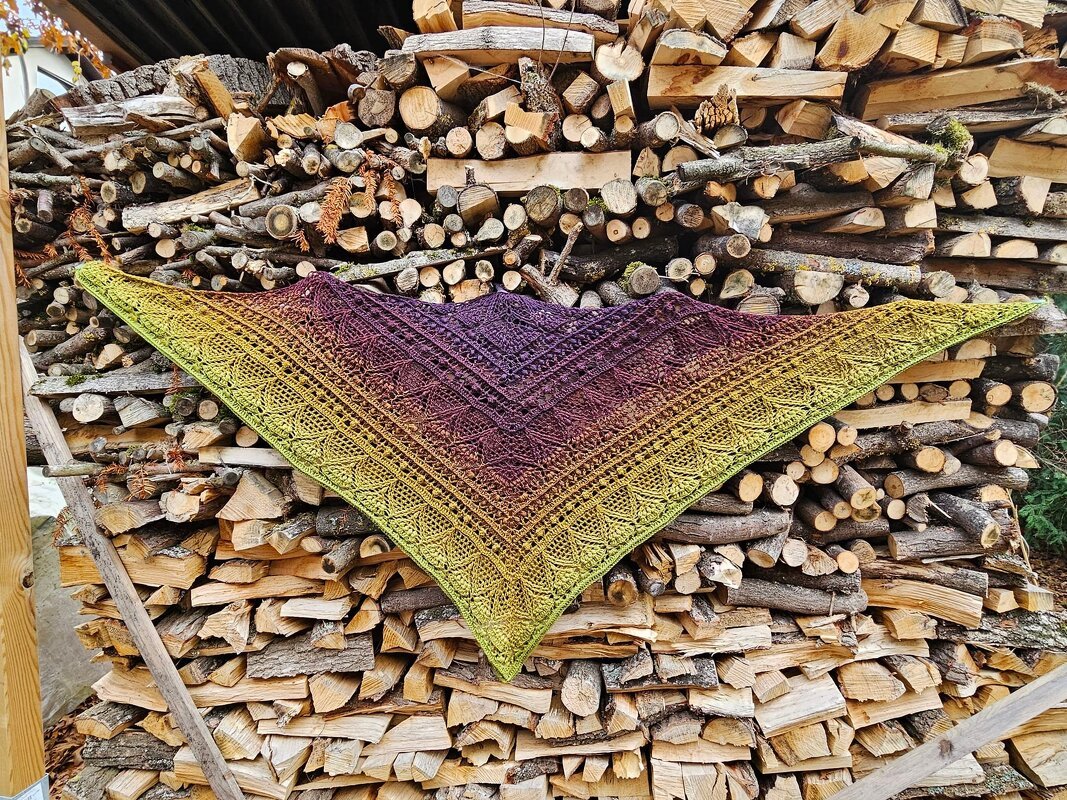 Triangle crochet shawl showing lace panels, central spine and textured borders, blocked flat on stacked wood