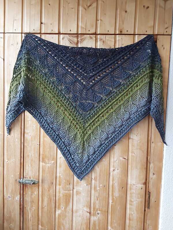 Ombre crochet triangle shawl in green and blue lace