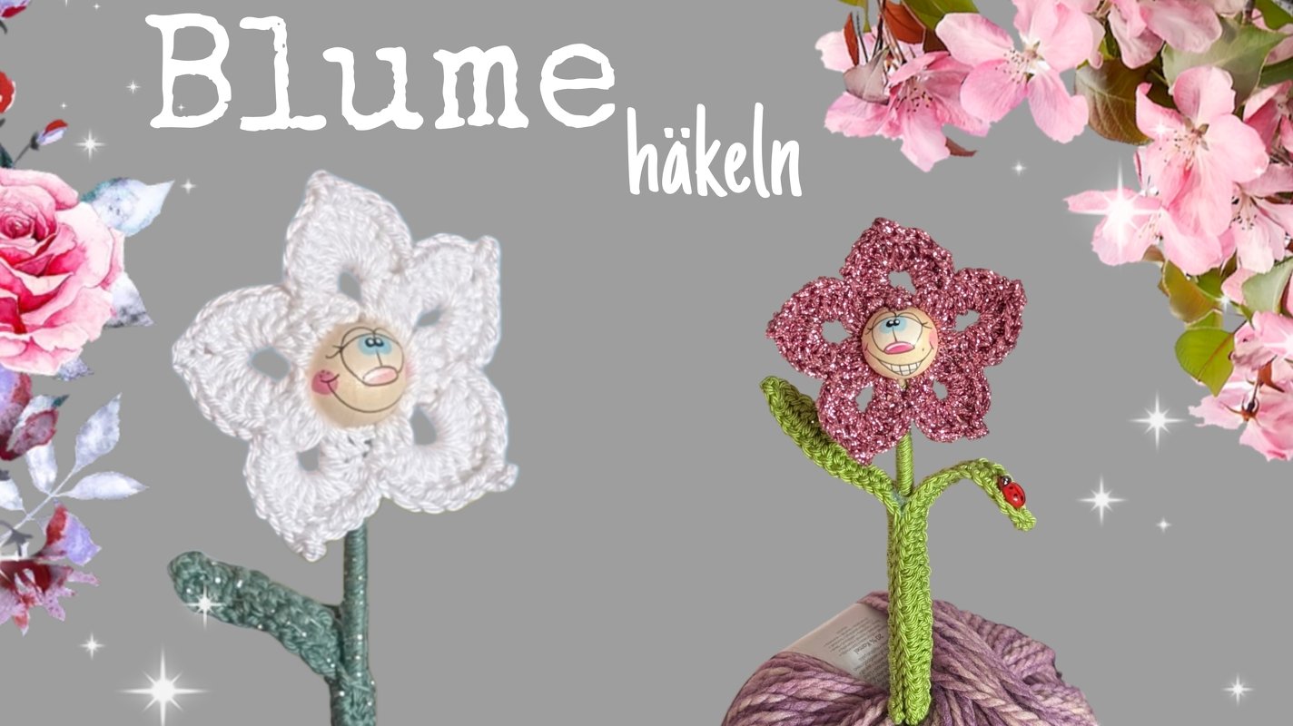 Schnell gehäkelte Blumen mit Gesichtsperlen, grünen Stielen und einem Marienkäfer