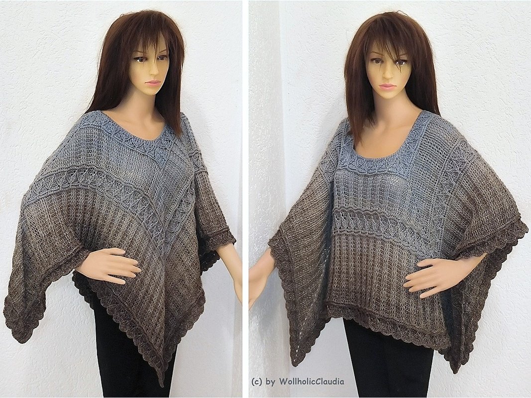 Gehäkelter Damen-Poncho in Grau-Braun-Farbverlauf mit dekorativen Häkelmustern, auf einer Schaufensterpuppe präsentiert.