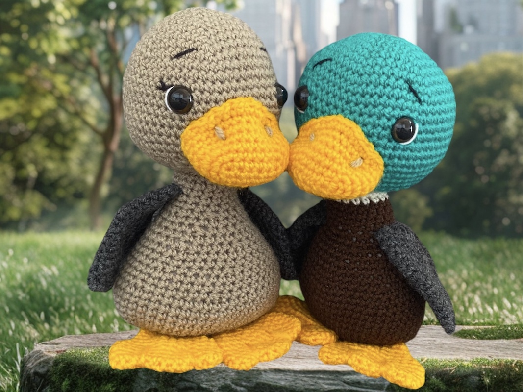 Zwei gehäkelte Amigurumi-Enten, eine beige und eine türkis, mit gelben Schnäbeln und Füßen, die eng nebeneinander sitzen.