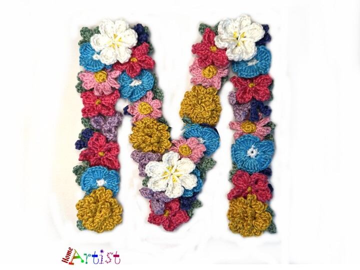Floral letter M crochet applique