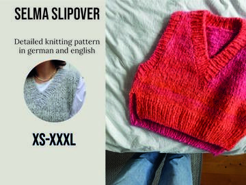 Slipover knitting pattern with V-neck, sizes XS-XXXL
