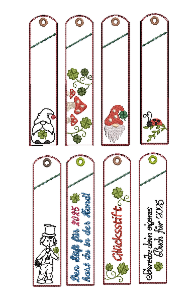 Reihe schmaler bestickter Anhänger mit Pilzen, Kleeblättern, Wichteln und Marienkäfer