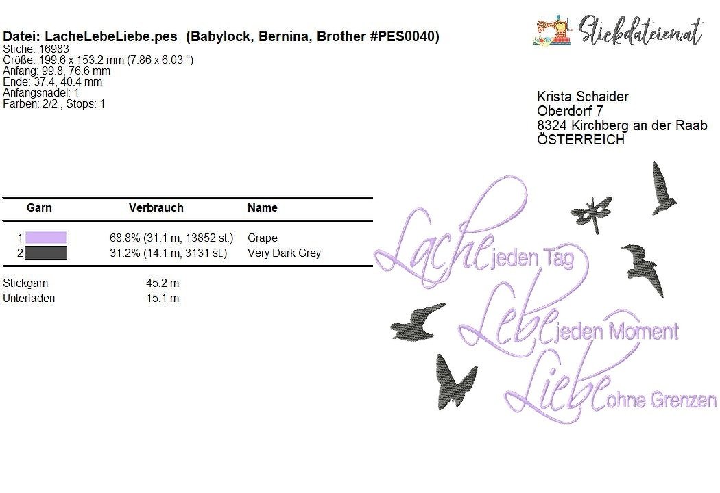 Stickdatei Lache Lebe Liebe, Hochzeit Stickdatei, Liebe, Sofortdownload - Bild 3