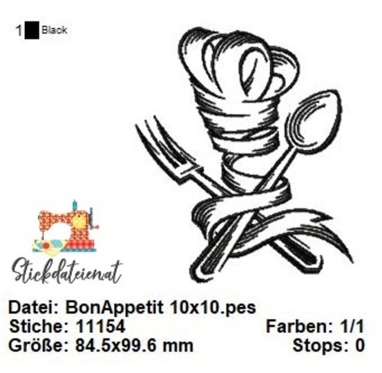 Stickdatei Küchenchef, Bon Appetit Küche Stickvorlage, Koch Stickdatei