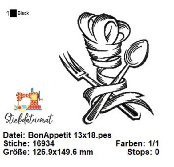 Stickdatei Küchenchef, Bon Appetit Küche Stickvorlage, Koch Stickdatei