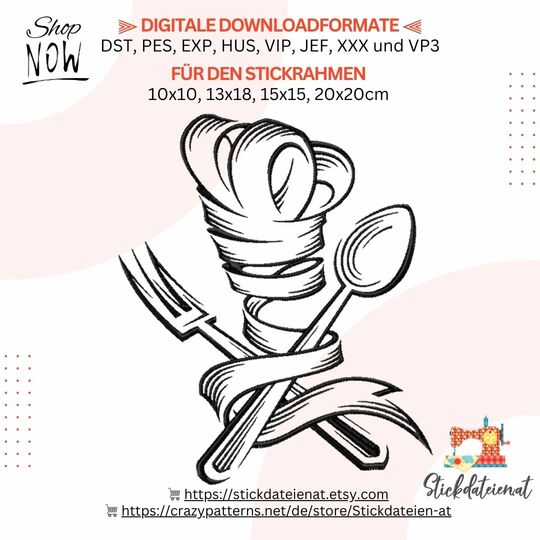 Stickdatei Küchenchef, Bon Appetit Küche Stickvorlage, Koch Stickdatei