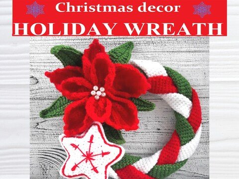 Year round wreath with Poinsettia ornament and crochet Stars
