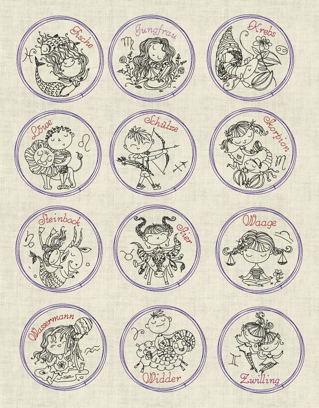 Stickdatei Sternzeichen, Horoskop, Lineare Art, Doodle Button Set 980