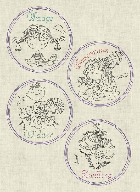Vier runde, schwarz-weiße Stickmotive mit kindlichen Sternzeichenfiguren: Waage, Wassermann, Widder und Zwilling