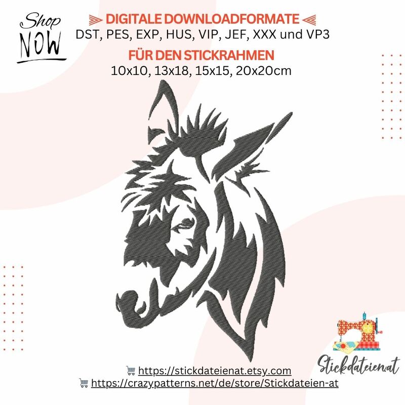 Moderne Esel Stickdatei, Eselkopf digitale Stickvorlage, Bauernhof