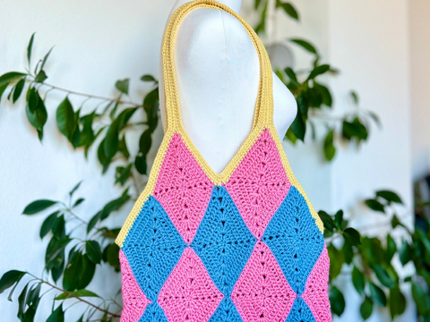 Diamond Moving Tote | Harlequin Granny Square Bag | Geometric Crochet Patte