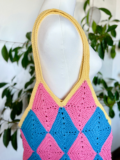 Wandelnde Diamant-Tasche | Retro-Anime Shopper | Diamant Granny Square Patt