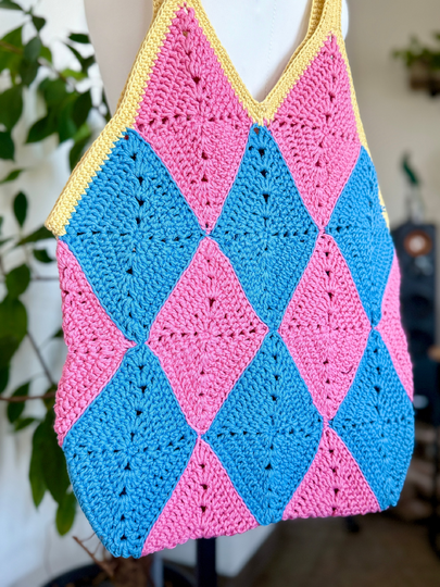 Wandelnde Diamant-Tasche | Retro-Anime Shopper | Diamant Granny Square Patt