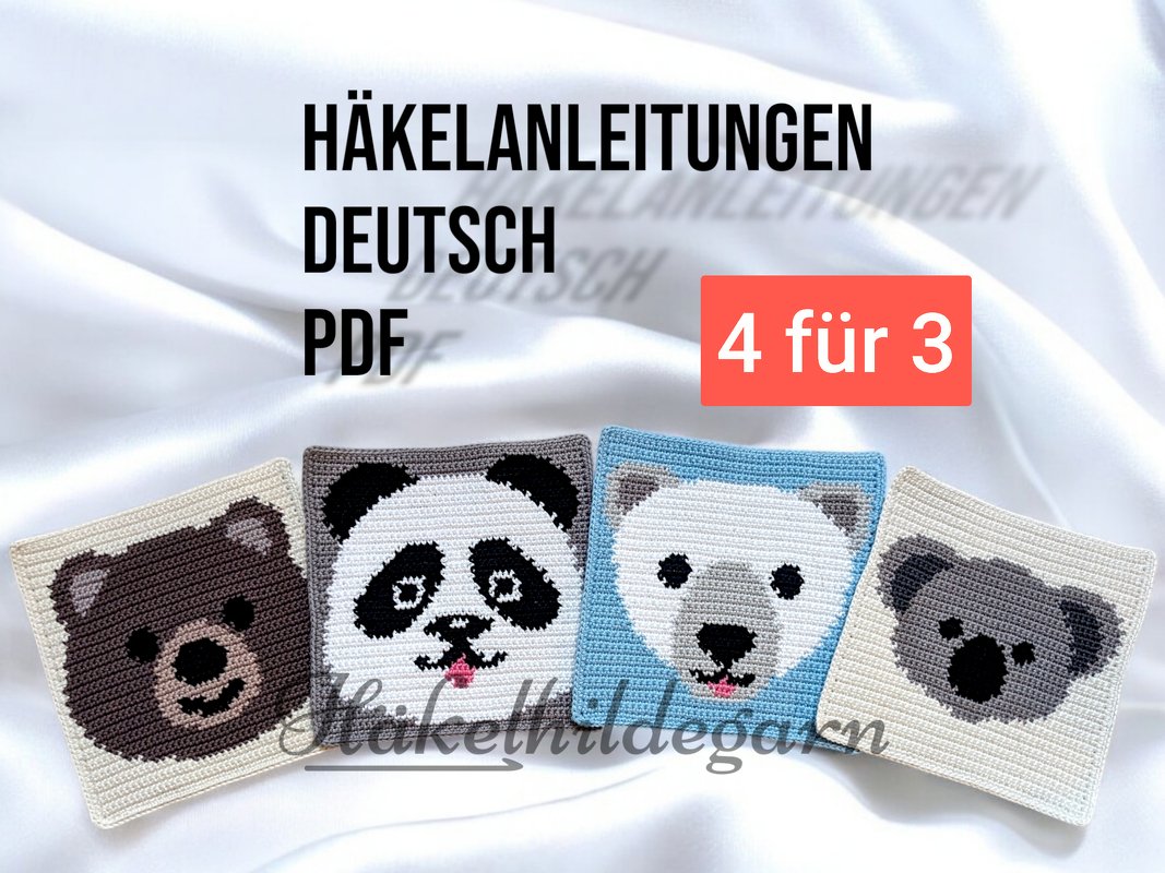 Bärenset 4 für 3 Häkelanleitungen (Teddy Bär, Eisbär, Koala und Panda)
