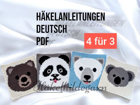 Bärenset 4 für 3 Häkelanleitungen (Teddy Bär, Eisbär, Koala und Panda)