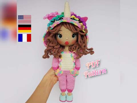 Astrid Einhorn, Häkelpuppenmuster, Amigurumi-Puppe, Einhorn-Outfit
