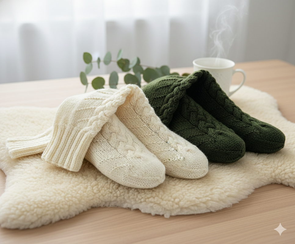 Zwei Paar gestrickter Haussocken mit Zopfmuster in Creme und Dunkelgrün auf einer Fellunterlage