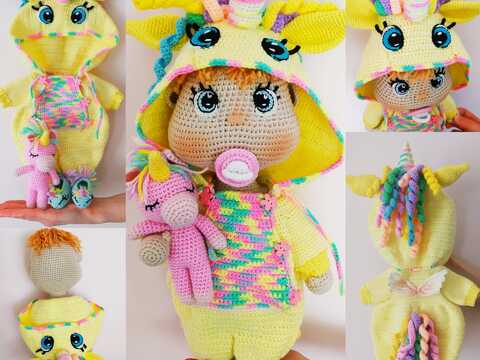 Lulu in a unicorn pattern jumpsuit, Crochet doll pattern, Baby doll pattern