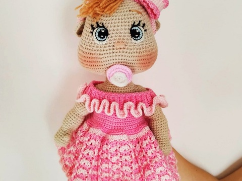 LULU Häkelmuster für Babypuppen mit Kleidung, rosa Kleid für Lulu