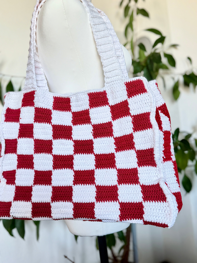 Checkered Retro Tote | Modern Checkerboard Shoulder Bag | Geometric Crochet
