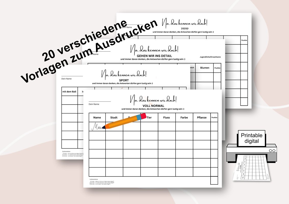 Mehrere ausdruckbare Schwarz-Weiß-Vorlagen mit Tabellen für Name, Stadt, Tier, Fluss, Farbe, Pflanze und dem Text '20 verschiedene Vorlagen zum Ausdrucken'.
