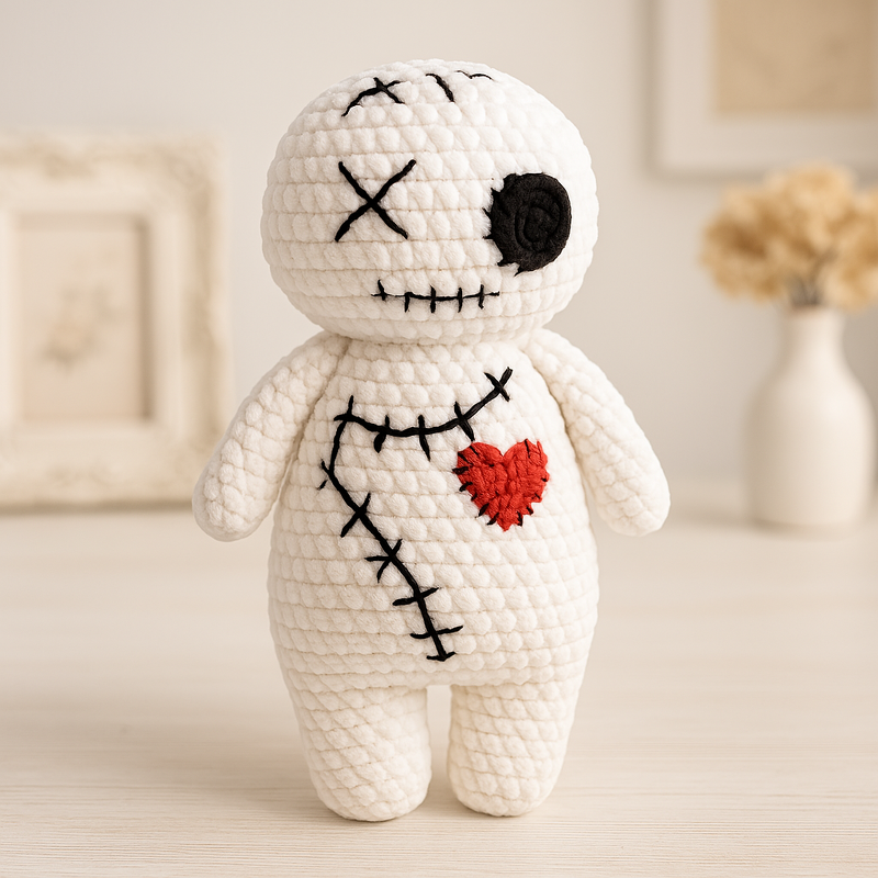 Gehäkelte weiße Amigurumi-Puppe mit schwarzen Kreuzstichen und rotem Herz