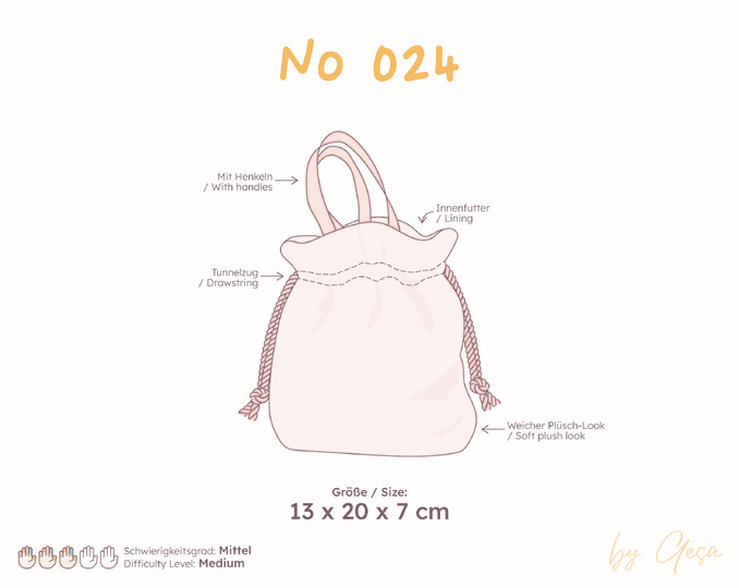 Children's Drawstring Bag Sewing Pattern - 13 x 20 x 7 cm