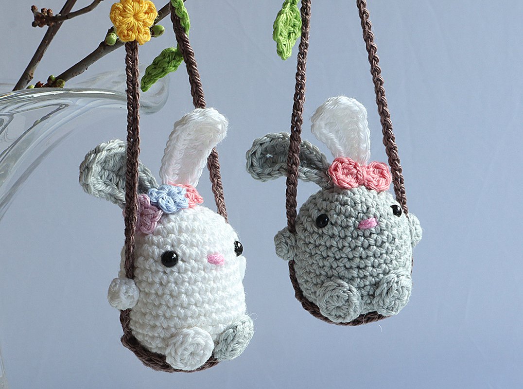 Bunny on  Swing - Easter Decoration, Car Rear View Mirror Pendant