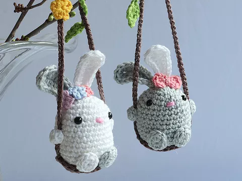 Bunny on  Swing - Easter Decoration, Car Rear View Mirror Pendant