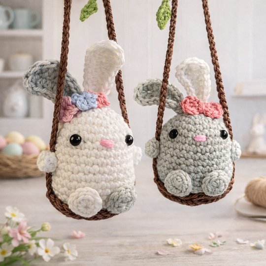 Bunny on  Swing - Easter Decoration, Car Rear View Mirror Pendant