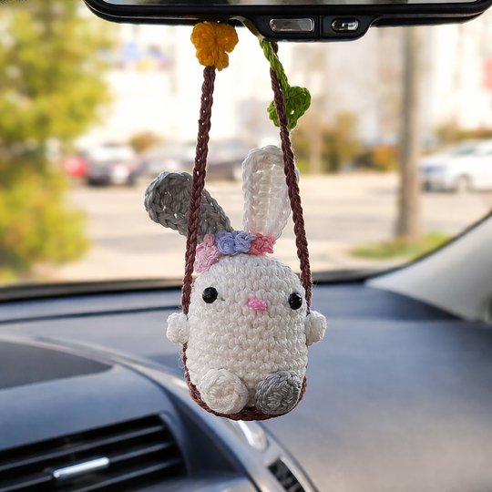 Bunny on  Swing - Easter Decoration, Car Rear View Mirror Pendant