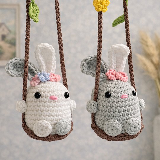 Bunny on  Swing - Easter Decoration, Car Rear View Mirror Pendant