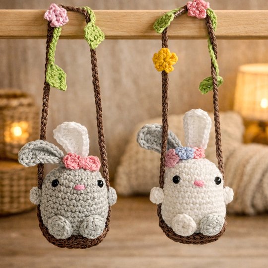 Bunny on  Swing - Easter Decoration, Car Rear View Mirror Pendant