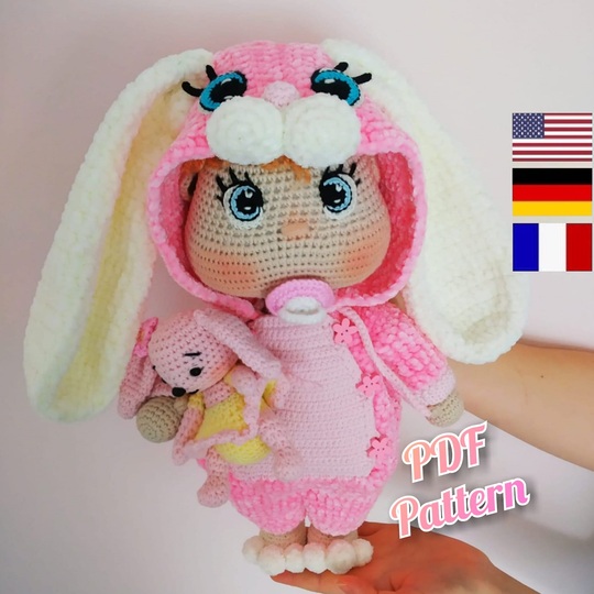Lulu doll in jumpsuit Bunny pattern, Crochet baby doll pattern 12,6 inch