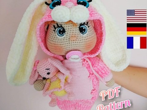 Lulu-Puppe im Overall Häschenmuster, Häkelmuster für Babypuppen