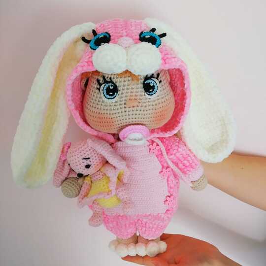 Lulu doll in jumpsuit Bunny pattern, Crochet baby doll pattern 12,6 inch