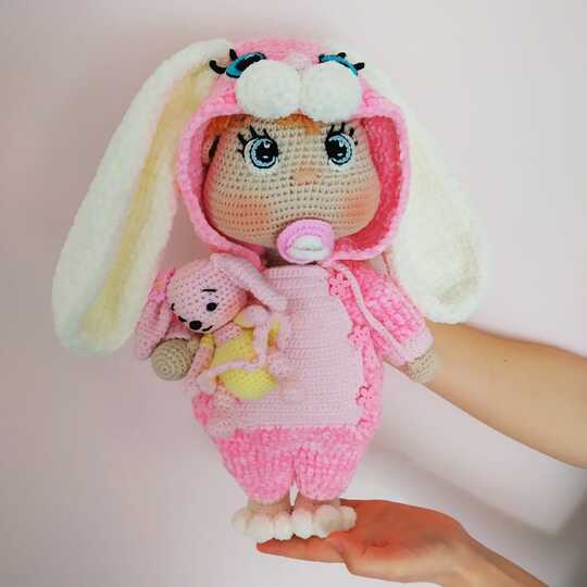 Lulu doll in jumpsuit Bunny pattern, Crochet baby doll pattern 12,6 inch