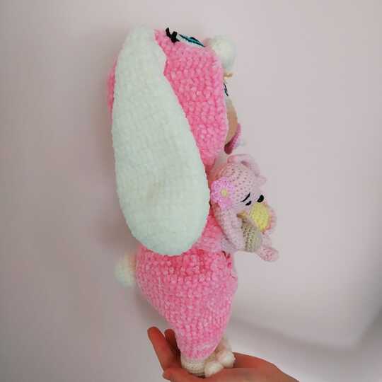 Lulu doll in jumpsuit Bunny pattern, Crochet baby doll pattern 12,6 inch